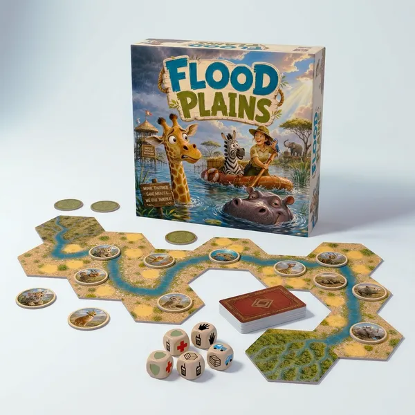 Flood Plains board game box, hex tiles, and dice.